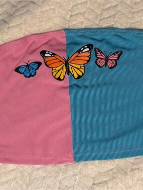 SHEIN Pink & Blue Colorblock Butterfly Tube Crop Top